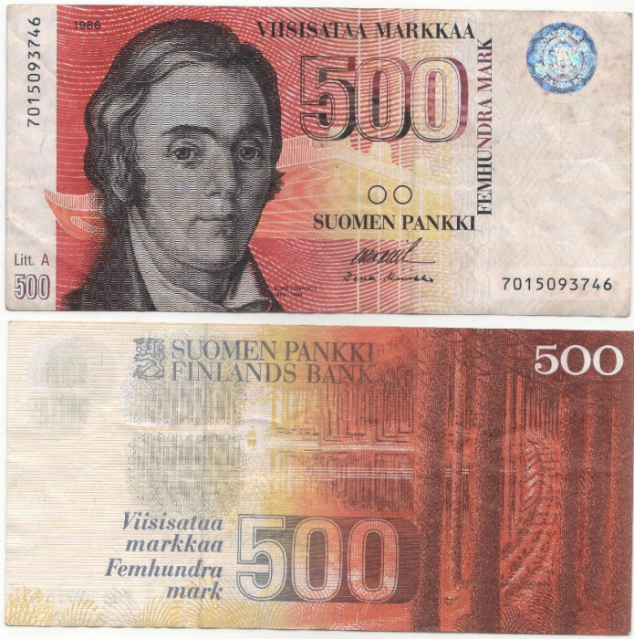 (1986 Litt A) Банкнота Финляндия 1986 год 500 марок &quot;Элиас Лённрот&quot; Ollila - Koivikko  VF